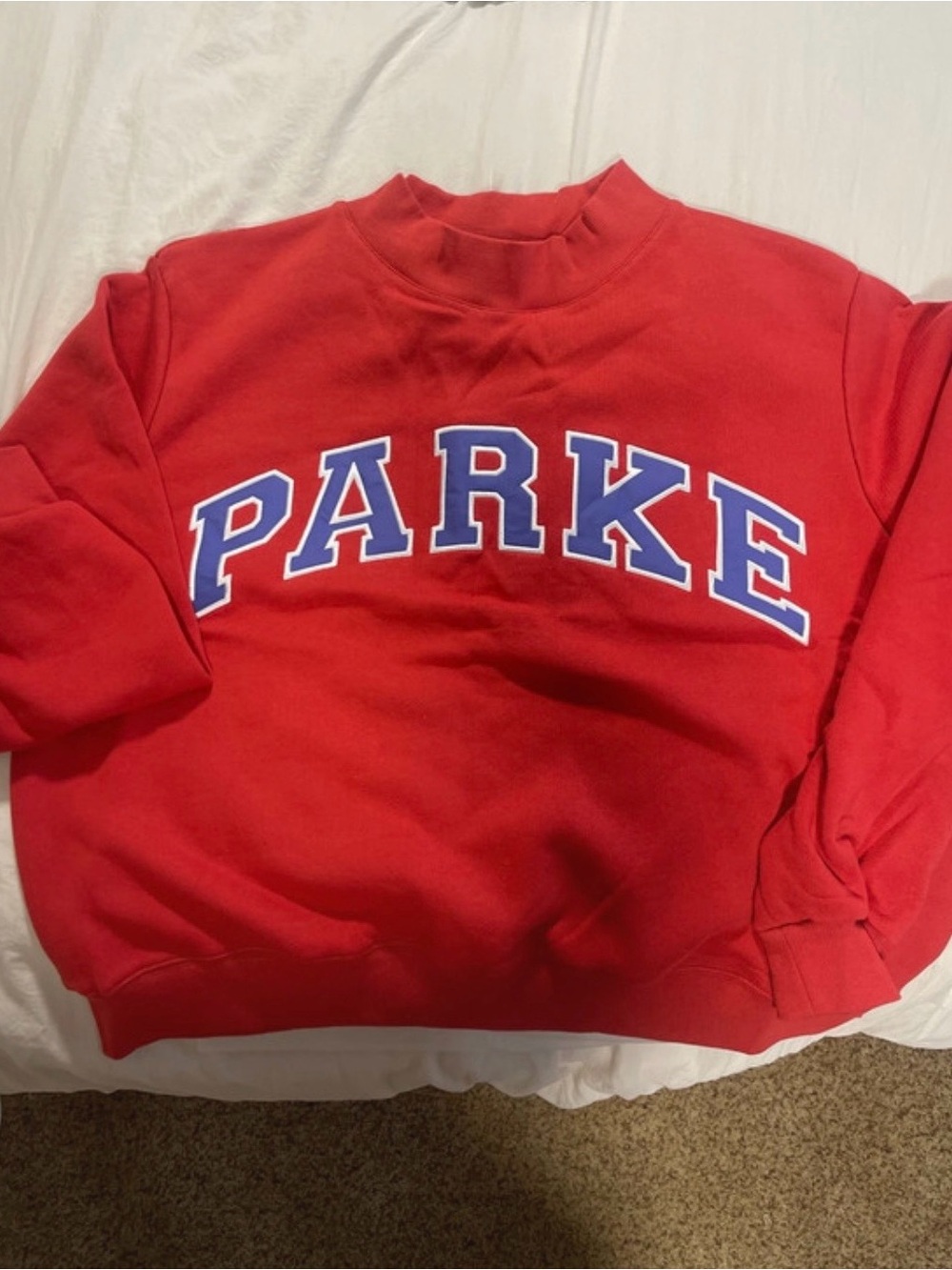 Parker Red Crew Sweater with Blue Lettering
